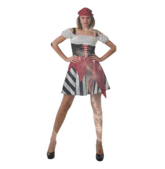 Piraat Verkleedjurk Dames – Rood Zwart Kostuum met Hoofddoek – Maat S
