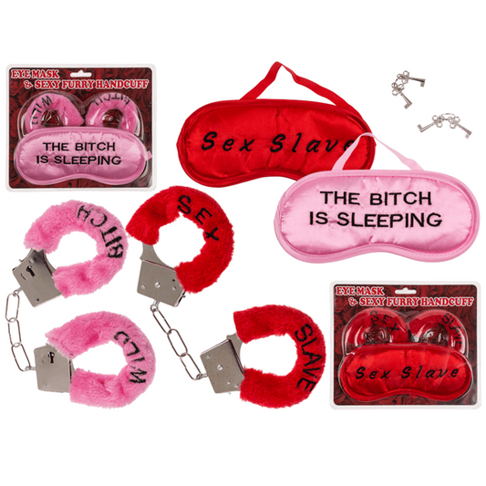 Plush Handcuffs and Eye Mask with "Sex Slave" and "The Bitch is Sleeping