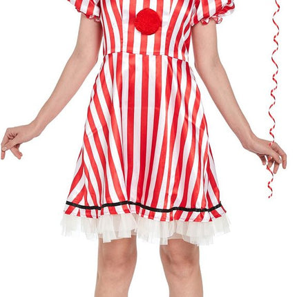 Vrouwelijk Clownkostuum met Rode-Witte Strepen – Jurk met Pompons & Ruches Maat L