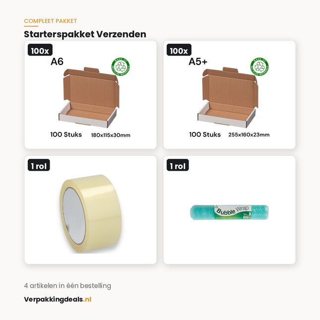 Starterspakket verzenden met brievenbusdozen A6 en A5+, verpakkingstape en noppenfolie