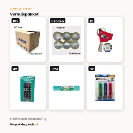 Verhuispakket met tien verhuisdozen, tape, dispenser, markers, noppenfolie en mesjes