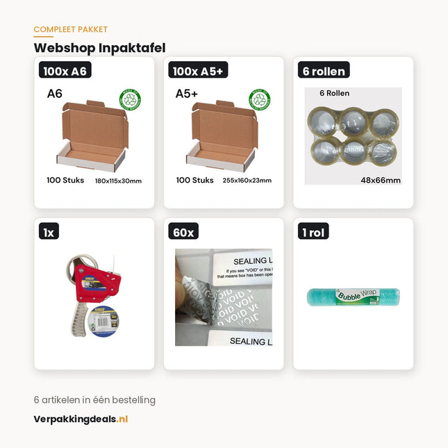 Webshop inpaktafel met brievenbusdozen A6 en A5+, zes rollen tape, tape dispenser, VOID veiligheidszegels en noppenfolie