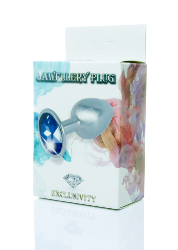 Analplug Silber mit dunkelblauem Stein - 7 cm