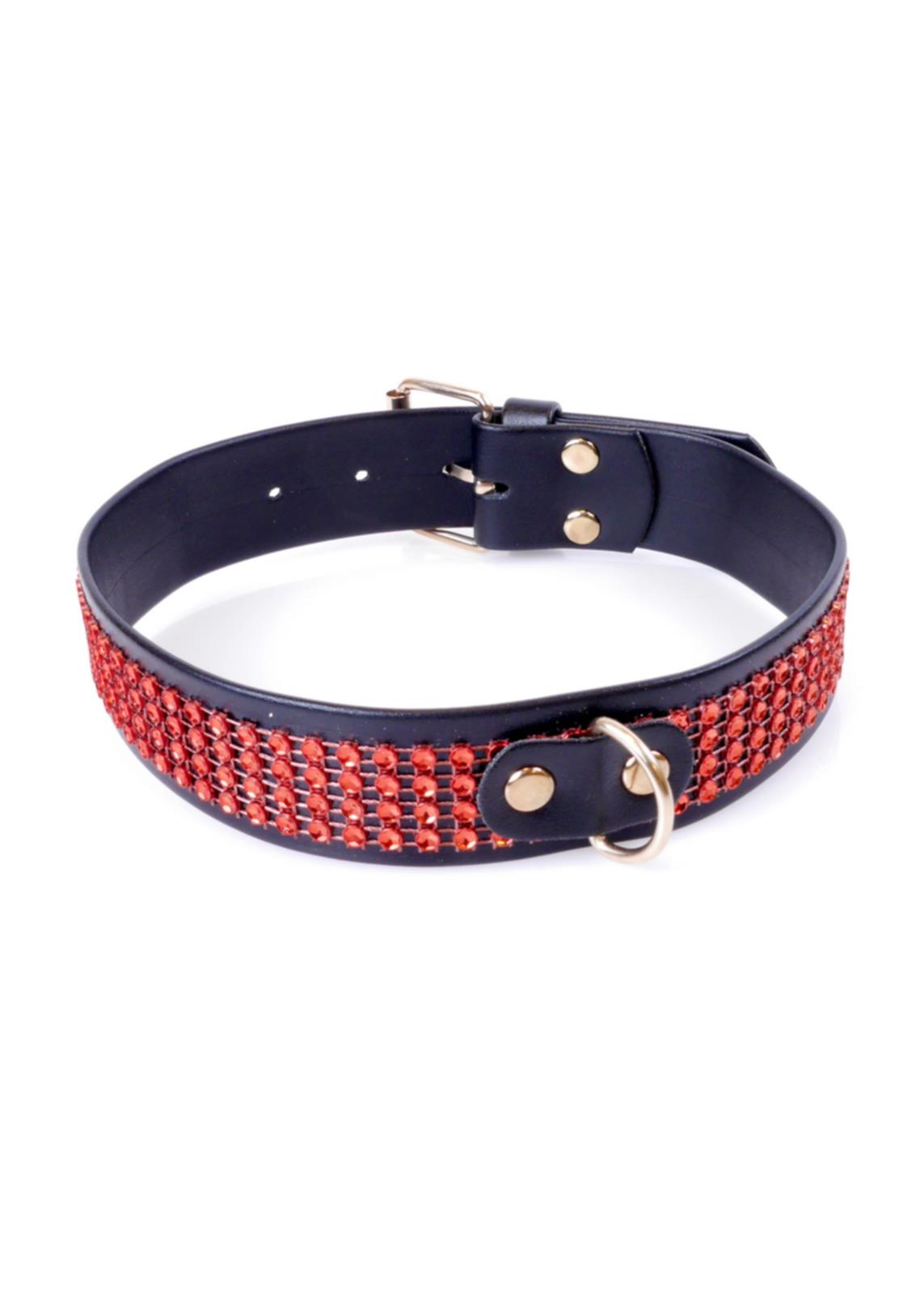 Bossoftoys - 33-00110 - Fetish Collar Red with stones - 3 cm width - Red line adjustable - easy to hang - with product tag /barcode