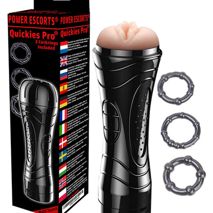 Power Escorts - BR207 - Quickies Pro masturbator - including 3 pack beaded Cockring - big size Masturbator - 7-Speed ​​Vibrating - 24 CM - Black/Flesh