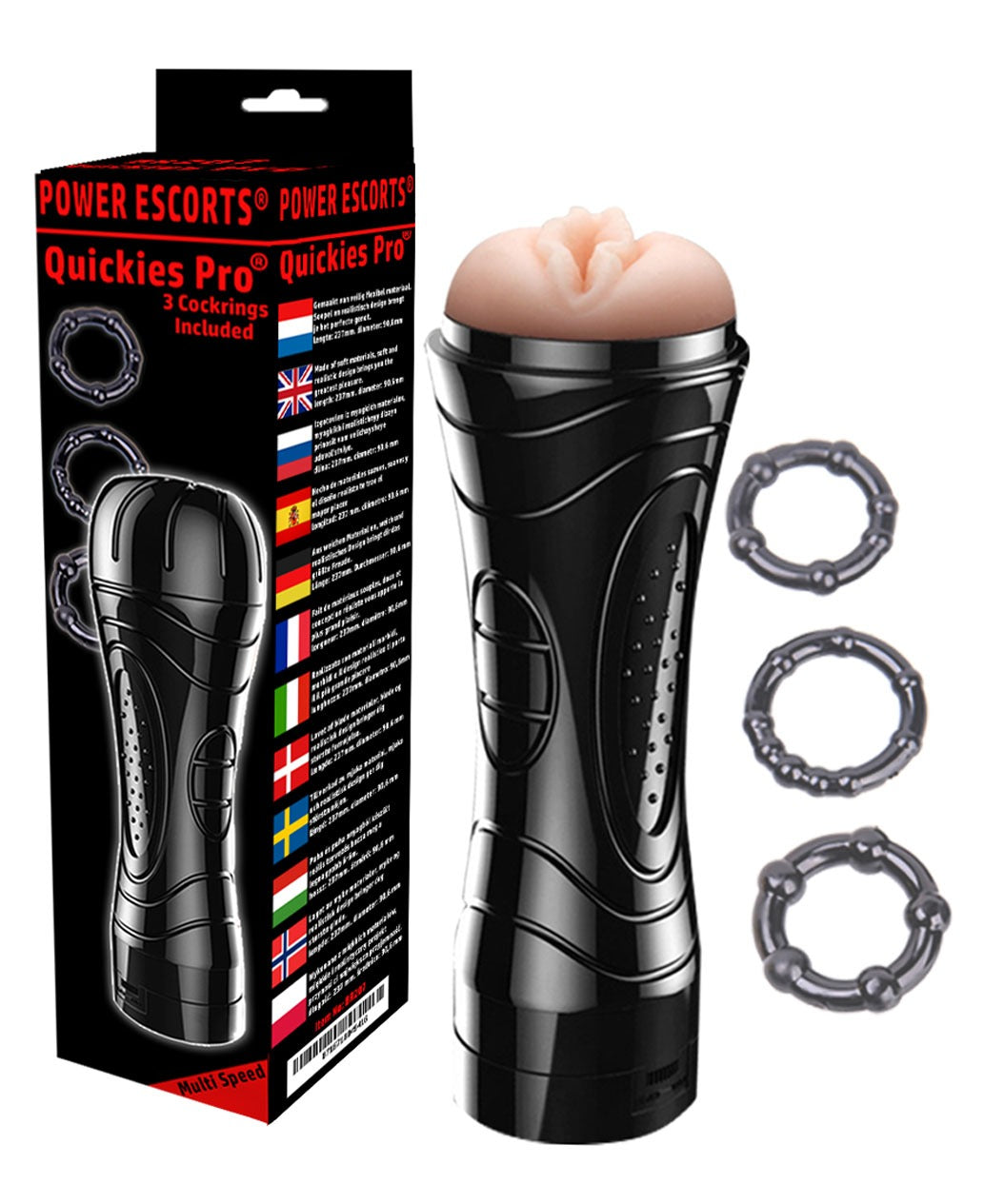 Power Escorts - BR207 - Quickies Pro masturbator - including 3 pack beaded Cockring - big size Masturbator - 7-Speed ​​Vibrating - 24 CM - Black/Flesh