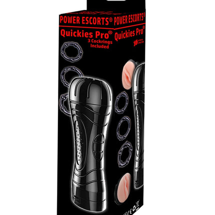 Power Escorts - BR207 - Quickies Pro masturbator - including 3 pack beaded Cockring - big size Masturbator - 7-Speed ​​Vibrating - 24 CM - Black/Flesh