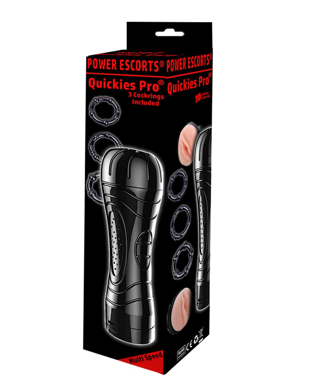 Power Escorts - BR207 - Quickies Pro masturbator - including 3 pack beaded Cockring  - big size Masturbator - 7-Speed Vibrating - 24 CM - Black/Flesh