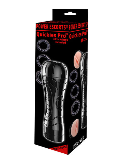 Power Escorts - BR207 - Quickies Pro masturbator - including 3 pack beaded Cockring - big size Masturbator - 7-Speed ​​Vibrating - 24 CM - Black/Flesh