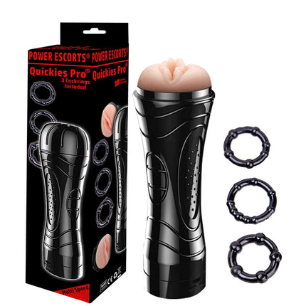 Power Escorts - BR207 - Quickies Pro masturbator - including 3 pack beaded Cockring - big size Masturbator - 7-Speed ​​Vibrating - 24 CM - Black/Flesh
