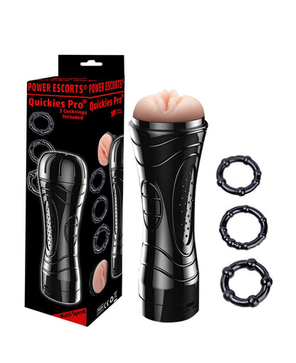 Power Escorts - BR207 - Quickies Pro masturbator - including 3 pack beaded Cockring - big size Masturbator - 7-Speed ​​Vibrating - 24 CM - Black/Flesh