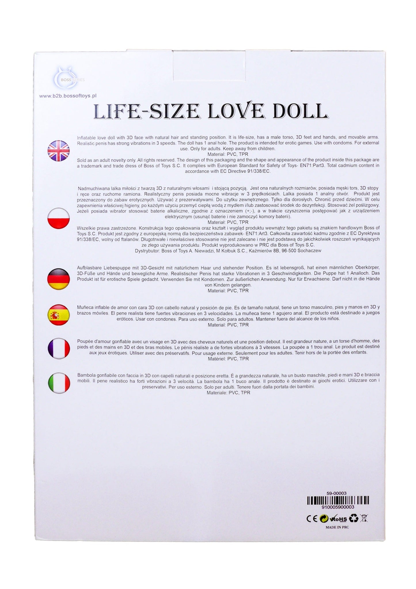 Bossoftoys Dennis Blow Up Love Doll - 150 cm - Real curly man - Extra masturbator - 59-00003