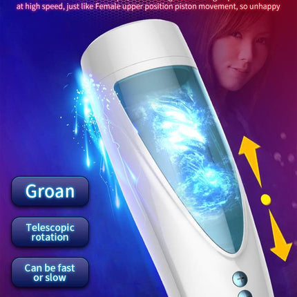 Foxshow - 63-00041 - Big size - 32 Cm - Masturbator cup - Vibrating, Rotating and Flashing Masturbation - USB rechargeable - 10 speed + 10 Function / Talk Mode - Dia outside 10 cm - Luxury Giftbox - white /with blue