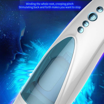 Foxshow - 63-00041 - Big size - 32 Cm - Masturbator cup - Vibrating, Rotating and Flashing Masturbation - USB rechargeable - 10 speed + 10 Function / Talk Mode - Dia outside 10 cm - Luxury Giftbox - white /with blue