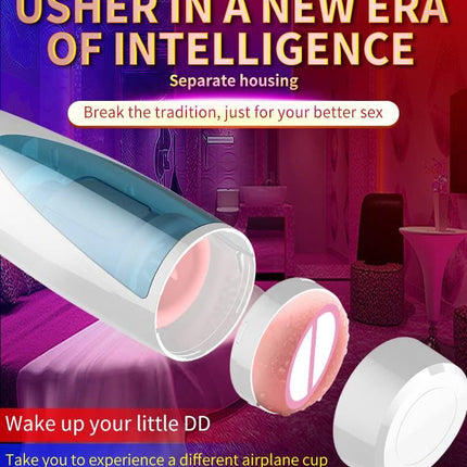 Foxshow - 63-00041 - Big size - 32 Cm - Masturbator cup - Vibrating, Rotating and Flashing Masturbation - USB rechargeable - 10 speed + 10 Function / Talk Mode - Dia outside 10 cm - Luxury Giftbox - white /with blue