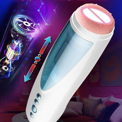Foxshow - 63-00041 - Big size - 32 Cm - Masturbator cup - Vibrating, Rotating and Flashing Masturbation - USB rechargeable - 10 speed + 10 Function / Talk Mode - Dia outside 10 cm - Luxury Giftbox - white /with blue