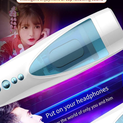 Foxshow - 63-00041 - Big size - 32 Cm - Masturbator cup - Vibrating, Rotating and Flashing Masturbation - USB rechargeable - 10 speed + 10 Function / Talk Mode - Dia outside 10 cm - Luxury Giftbox - white /with blue