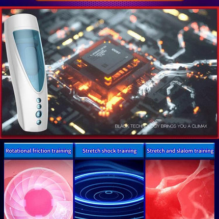 Foxshow - 63-00041 - Big size - 32 Cm - Masturbator cup - Vibrating, Rotating and Flashing Masturbation - USB rechargeable - 10 speed + 10 Function / Talk Mode - Dia outside 10 cm - Luxury Giftbox - white /with blue