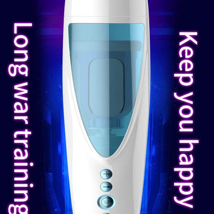 Foxshow - 63-00041 - Big size - 32 Cm - Masturbator cup - Vibrating, Rotating and Flashing Masturbation - USB rechargeable - 10 speed + 10 Function / Talk Mode - Dia outside 10 cm - Luxury Giftbox - white /with blue