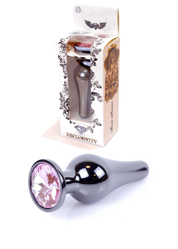 Anal Plug Donkerzilver met Roze Steen 9,5 cm