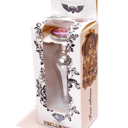 Bossoftoys - 64-00072 - Silver big Butt Plug - anal plug with Pink stone - length 9 cm - dia 2,9 cm - colour window box
