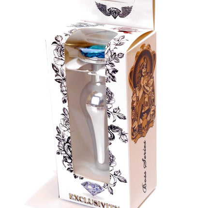 Bossoftoys - 64-00076 - Silver big Butt Plug - anal plug with Light blue stone - length 9 cm - dia 2,9 cm - colour window box