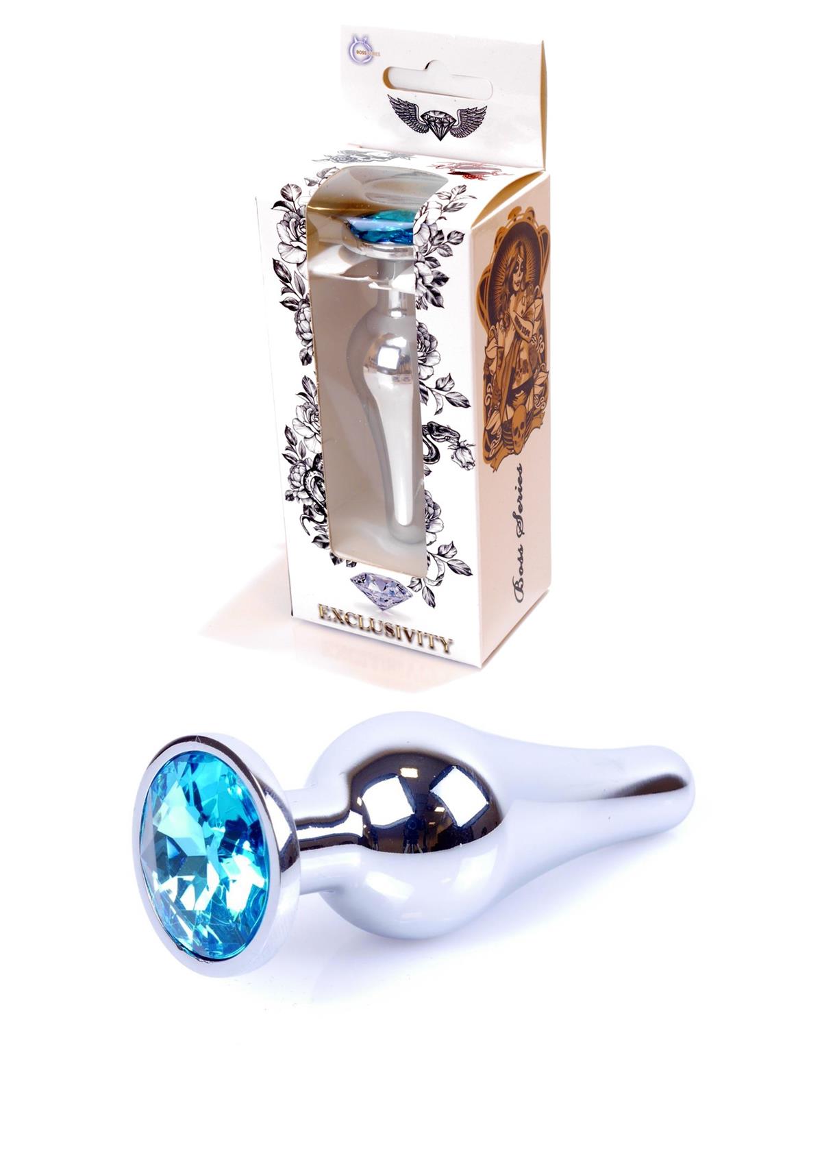 Butt-Plug Silber mit hellblauem Stein - 9 cm