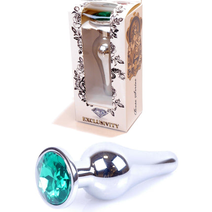 Bossoftoys - 64-00078 - Silver big Butt Plug - anal plug with green stone - length 9 cm - dia 2,9 cm - colour window box