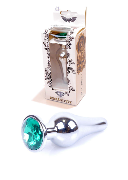 Bossoftoys - 64-00078 - Silver big Butt Plug - anal plug with green stone - length 9 cm - dia 2.9 cm - color window box