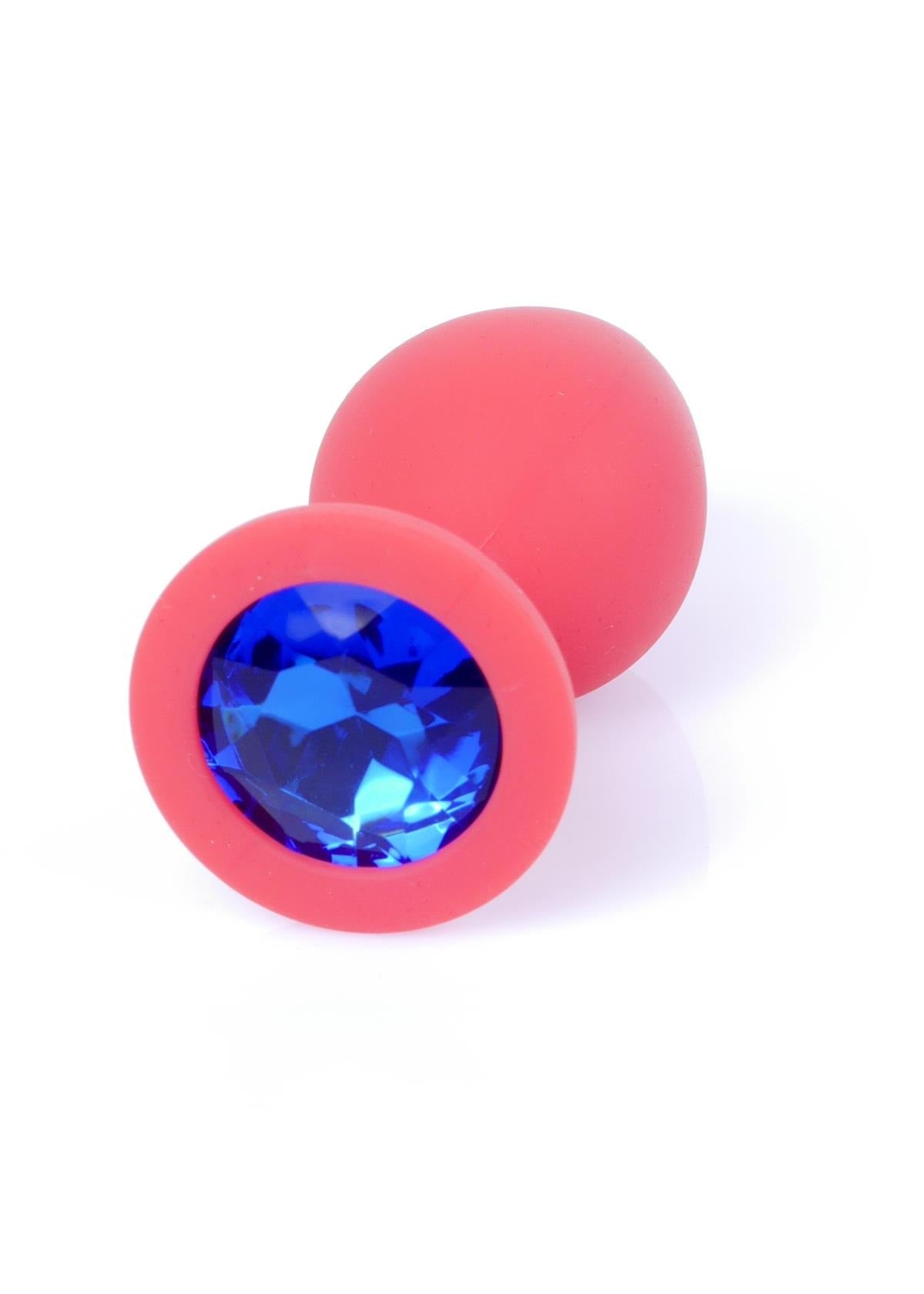 Bossoftoys - 64-00084 - Red Silicone Anal Plug - anal plug with blue stone - Medium size - length 7 cm - dia 2,7 cm - colour window box