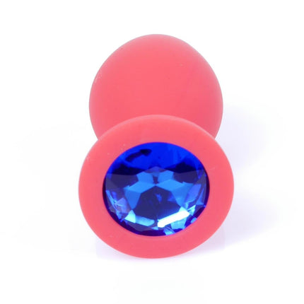 Bossoftoys - 64-00084 - Red Silicone Anal Plug - anal plug with blue stone - Medium size - length 7 cm - dia 2,7 cm - colour window box