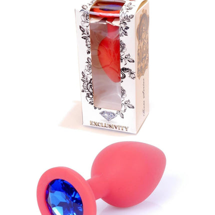 Bossoftoys - 64-00084 - Red Silicone Anal Plug - anal plug with blue stone - Medium size - length 7 cm - dia 2,7 cm - colour window box