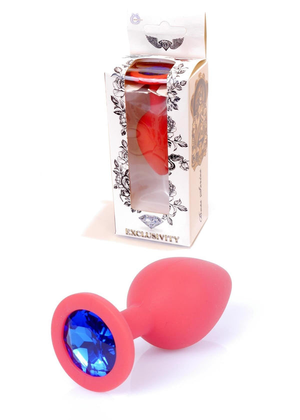 Anal Plug Siliconen Rood met Blauwe Steen - 7 cm