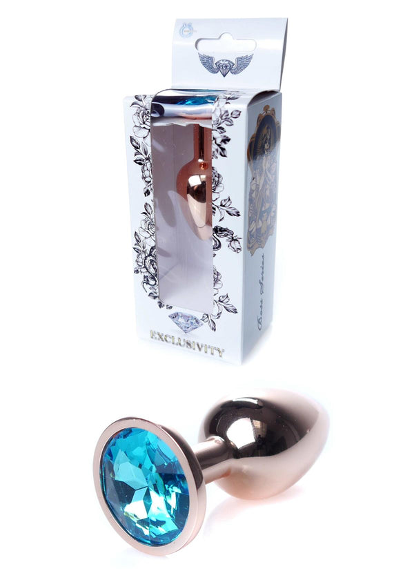 Analplug Roségold mit blauem Stein – 7 cm