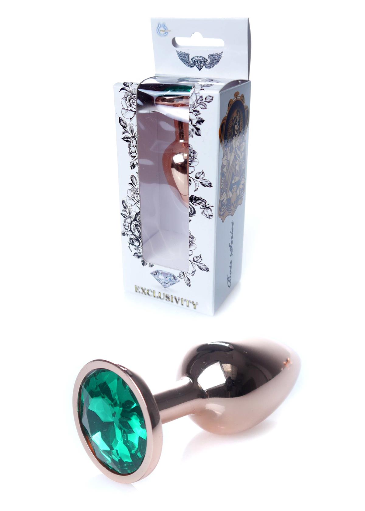 Analplug Roségold mit grünem Stein – 7 cm