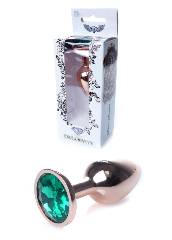 Analplug Roségold mit grünem Stein – 7 cm