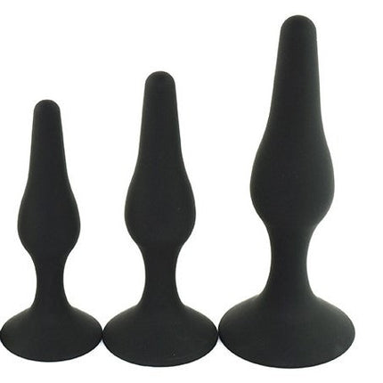 Power Escorts - BR12Black - Silicone Anal Plug 3 Pack Set - Strong Suction Cup