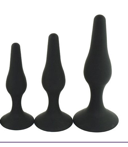 Power Escorts - BR12Black - Silicone Anal Plug 3 Pack Set - Strong Suction Cup