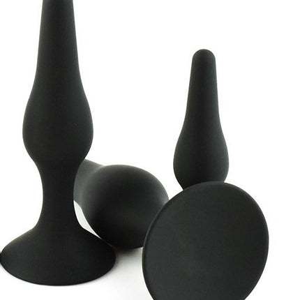 Power Escorts - BR12Black - Silicone Anal Plug 3 Pack Set - Strong Suction Cup