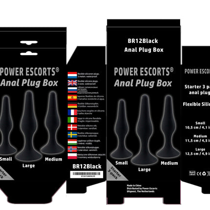 Power Escorts - BR12Black - Silicone Anal Plug 3 Pack Set - Strong Suction Cup