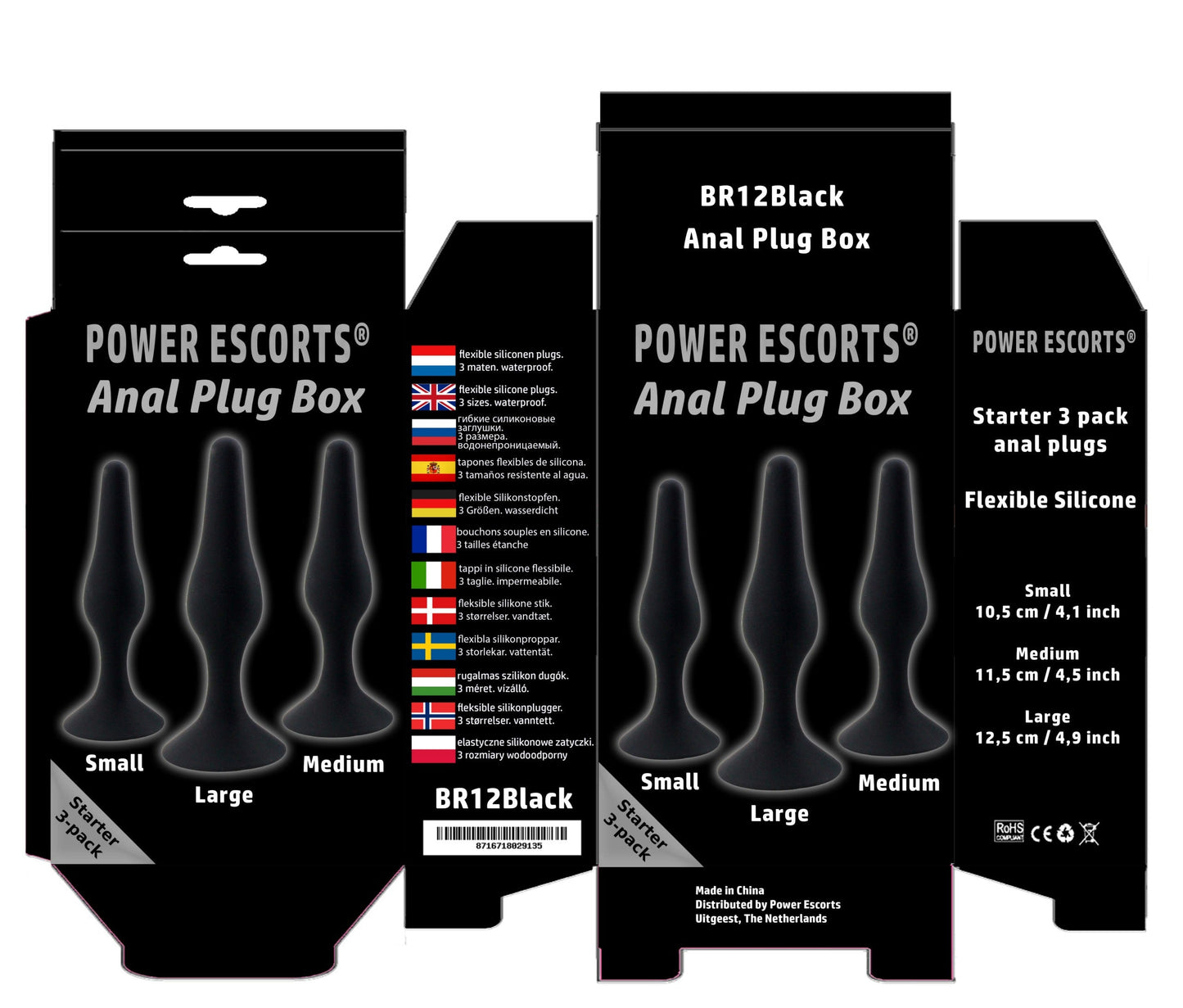 Power Escorts - BR12Black - Silicone Anal Plug 3 Pack Set - Strong Suction Cup