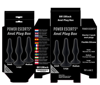 Power Escorts - BR12Black - Silicone Anal Plug 3 Pack Set - Strong Suction Cup