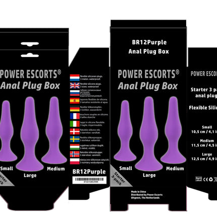 Power Escorts - BR12Purple - Silicone Anal 3 Pack Plug Set - Strong Suction Cup