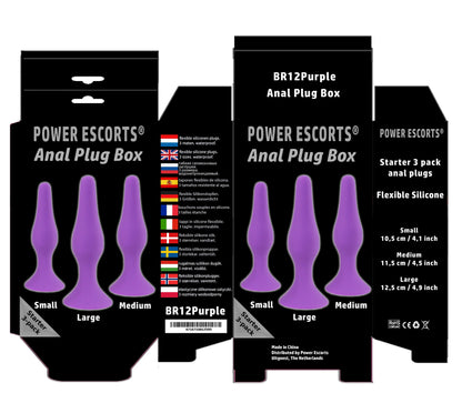 Power Escorts - BR12Purple - Silicone Anal 3 Pack Plug Set - Strong Suction Cup