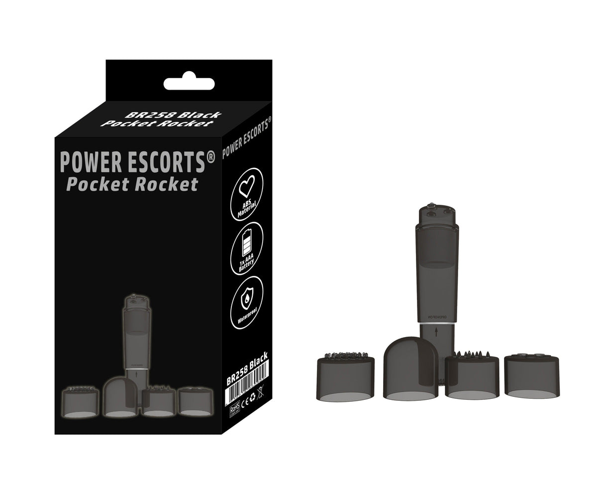 Pocket Rocket Mini Wandvibrator met 4 Opzetstukken - Zwart