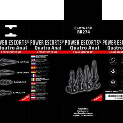 Power Escorts - BR274 - Quatro Anal Plugs - Anal Starter Set - 4-Pack Anal Plugs - Black - Buttplug 4 different sizes - attractive Colour box