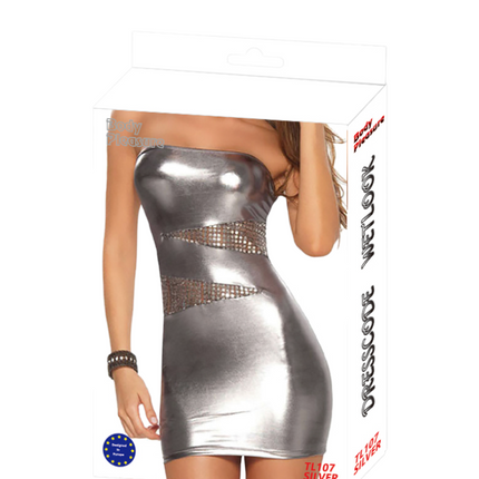 Body Pleasure Wet Look Zilveren Jurk - One Size Fits Most - TL107