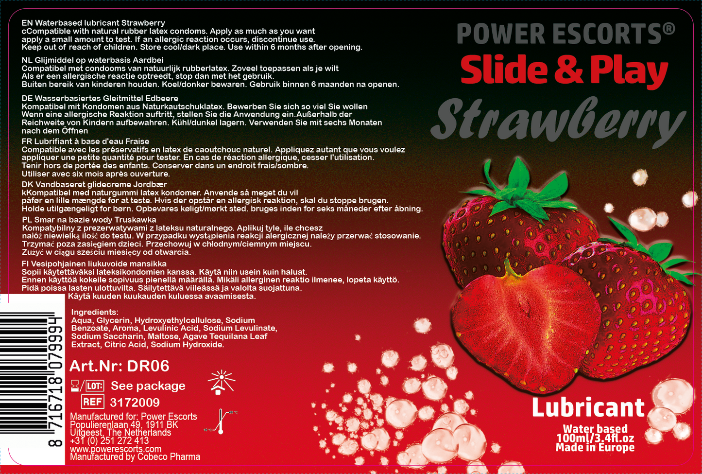 Power Escorts Strawberry Lubricant 100 ML - Slide &amp; Play - easy bottle - Brand new design - Waterbased - DR06