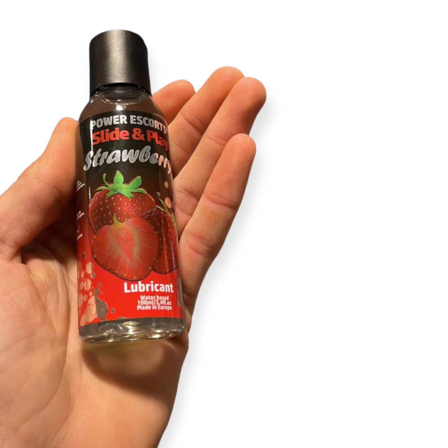 Power Escorts Strawberry Lubricant 100 ML - Slide &amp; Play - easy bottle - Brand new design - Waterbased - DR06