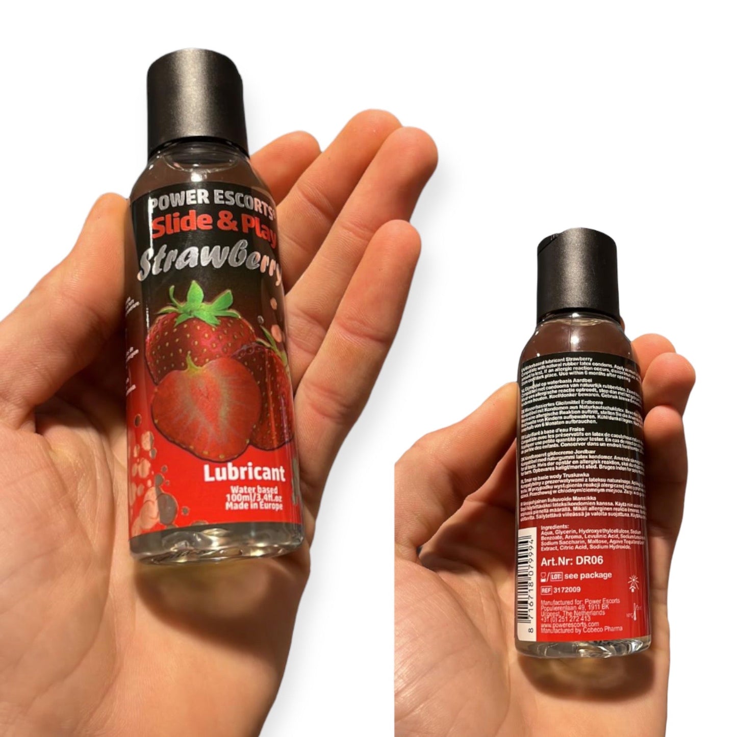 Power Escorts Strawberry Lubricant 100 ML - Slide &amp; Play - easy bottle - Brand new design - Waterbased - DR06
